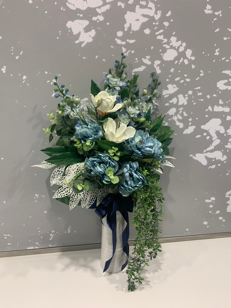 Silk vase of blues and whites